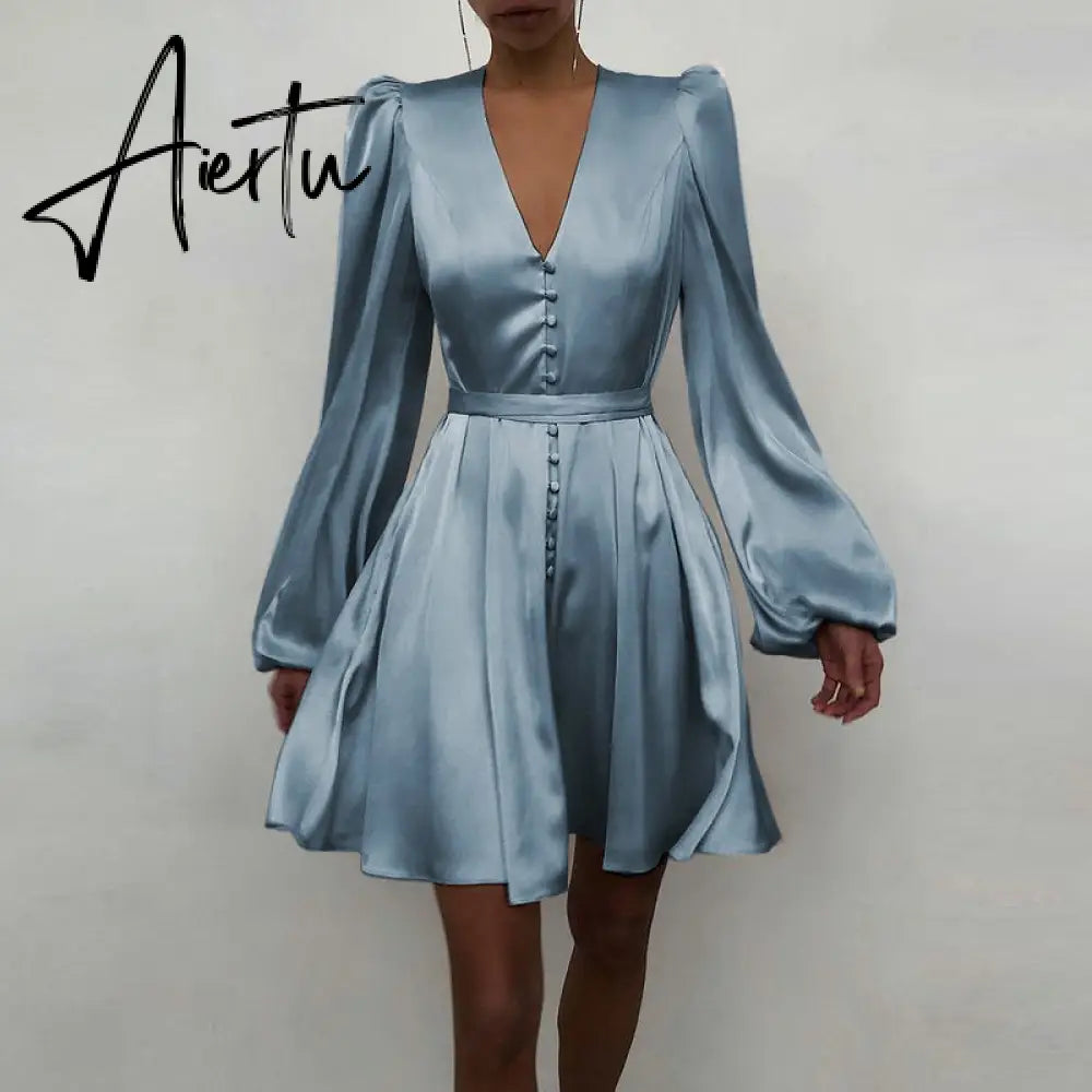 Aiertu Women Silk Dress Celmia Satin Mini Robe Summer Elegant Party Wrap Evening Dress Long Lantern Sleeve V Neck Solid Vestidos Aiertu