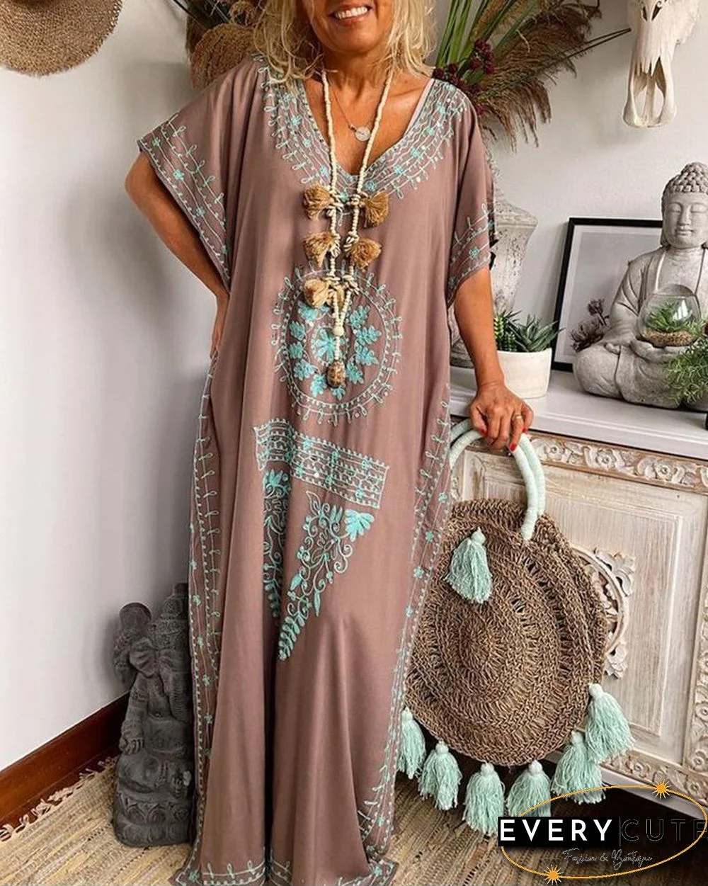 Retro Geometric Pattern Split Hem Loose Maxi Dress P14355
