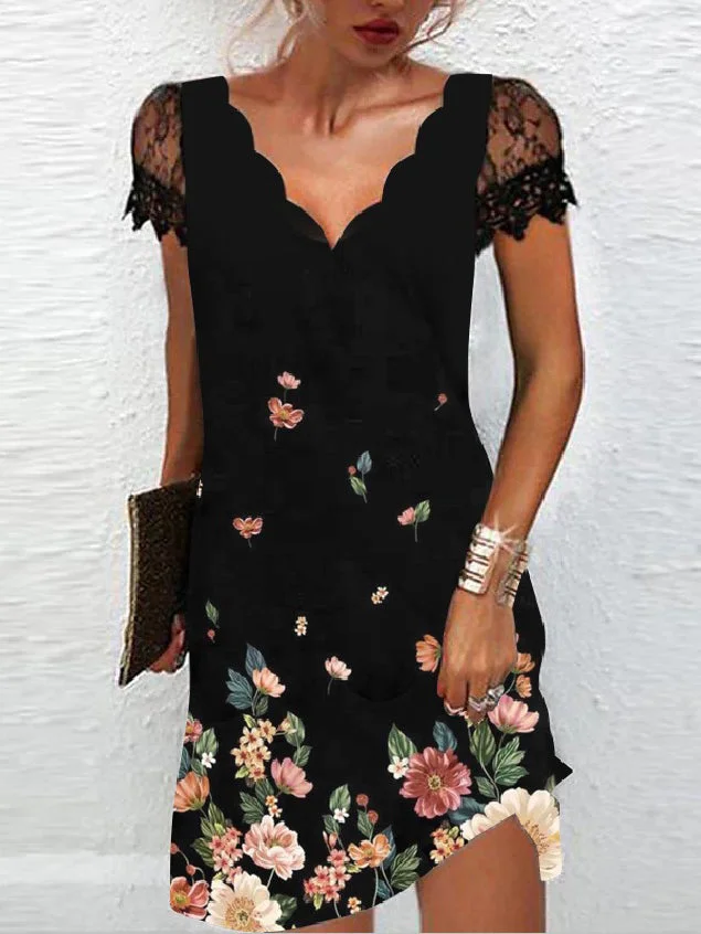Casual Flower Pattern V Neck Short Sleeve Dress