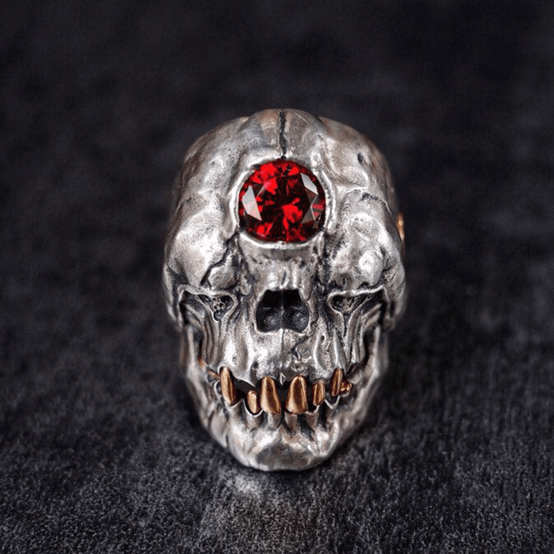 Cyclops Red Crystal Sterling Silver Skull CZ Mythology Ring