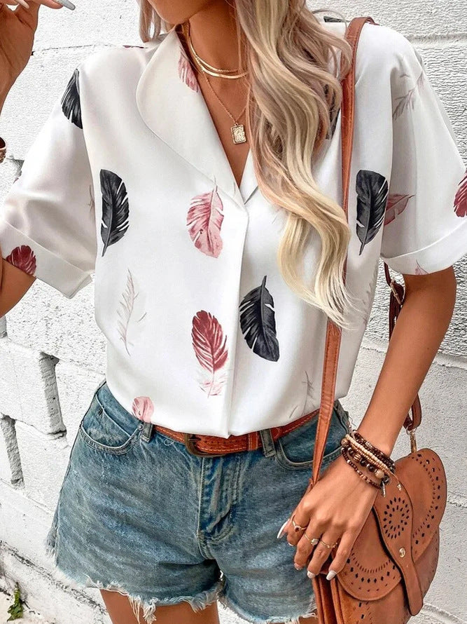 Summer Women Clothing Collared Feather Printed Short Sleeved Top Shirt