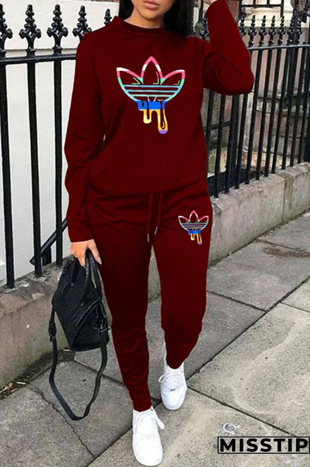 Grey Casual Print Patchwork O Neck Long Sleeve Two Pieces