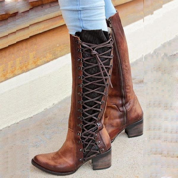 Women Vintage Lace Up Boots Zipper And Lace Above Knee Boots -boots