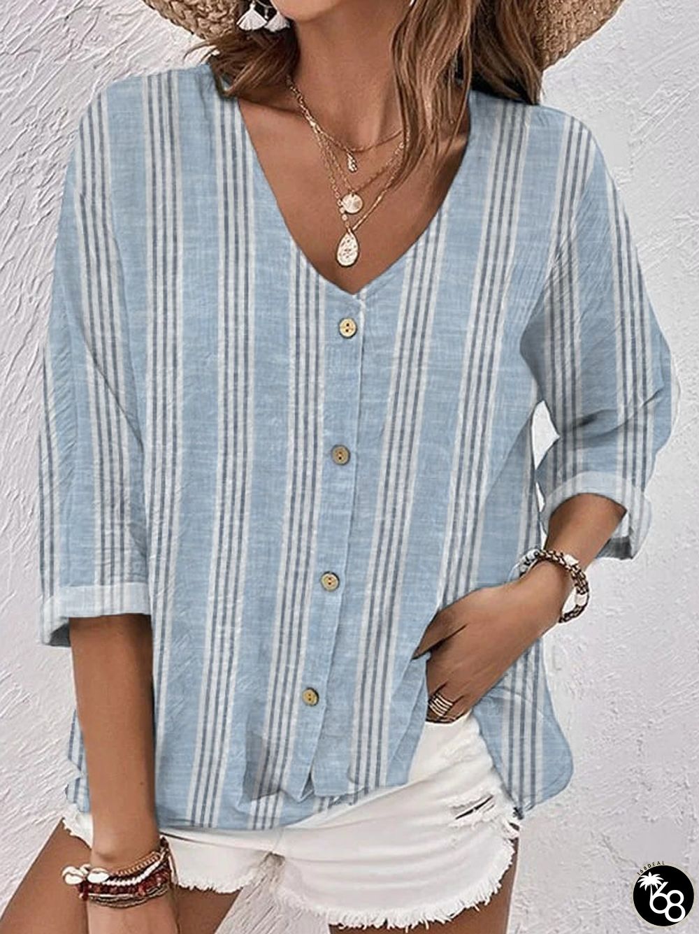 Women's Retro Striped V-Neck Buttoned Loose Casual Top | 168DEAL