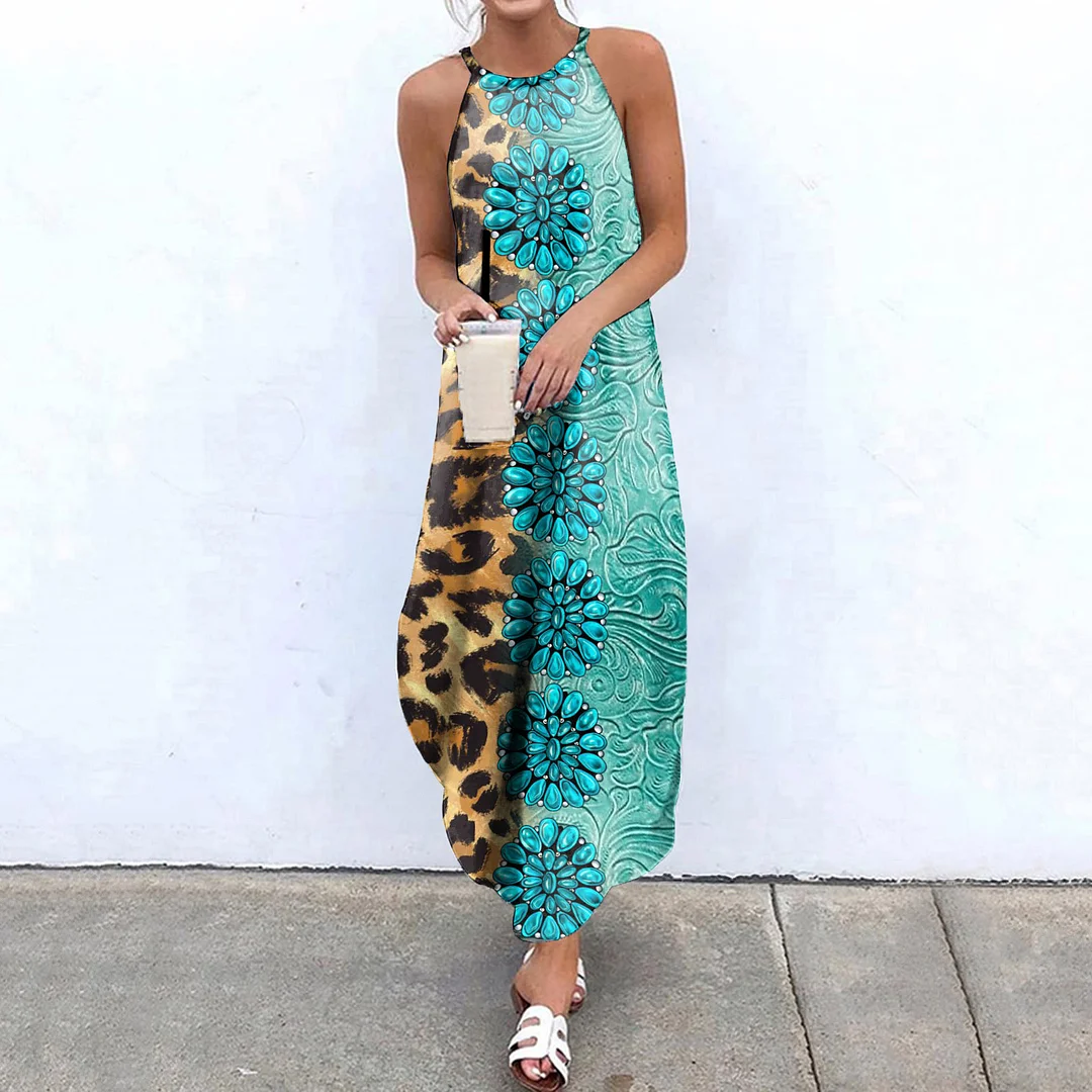 Leopard Panel Turquoise Maxi Dress