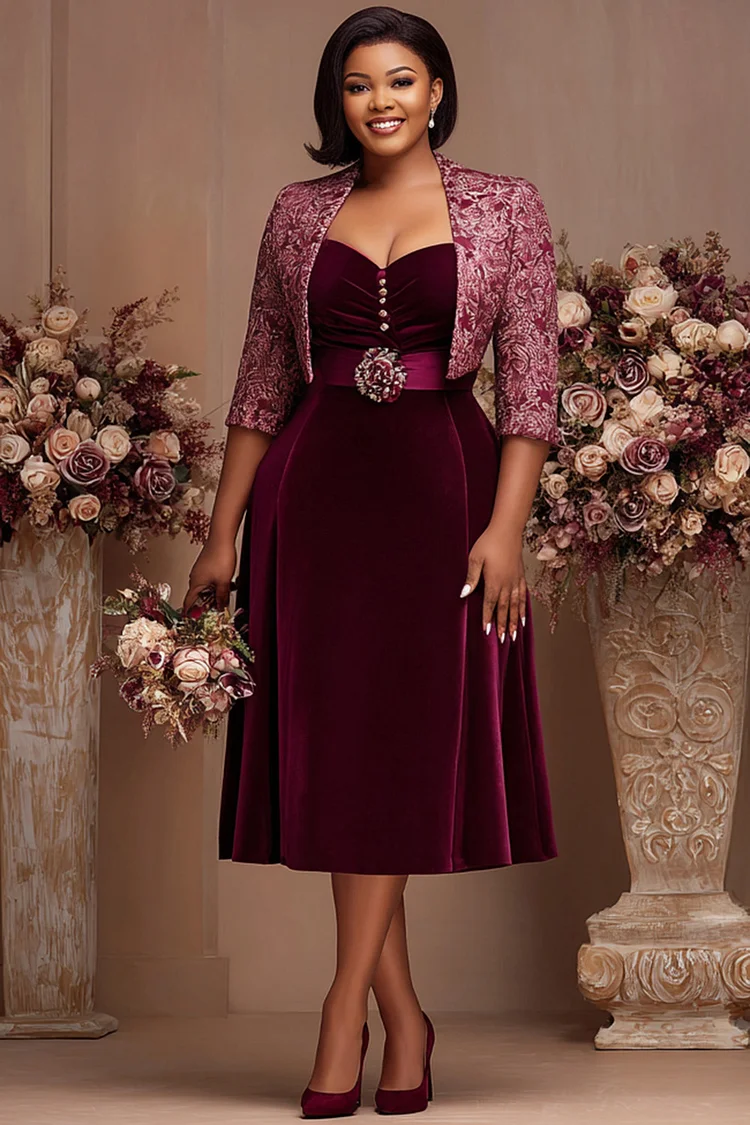 Xpluswear Design Plus Size Mother Of The Bride Burgundy 3/4 Sleeve Elegant Velvet Two Piece Dress Set [Pre-Order]