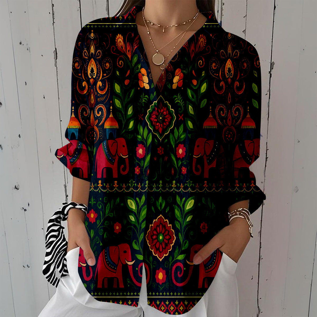 Women Long Sleeve V-neck Graphic Floral Printed Top