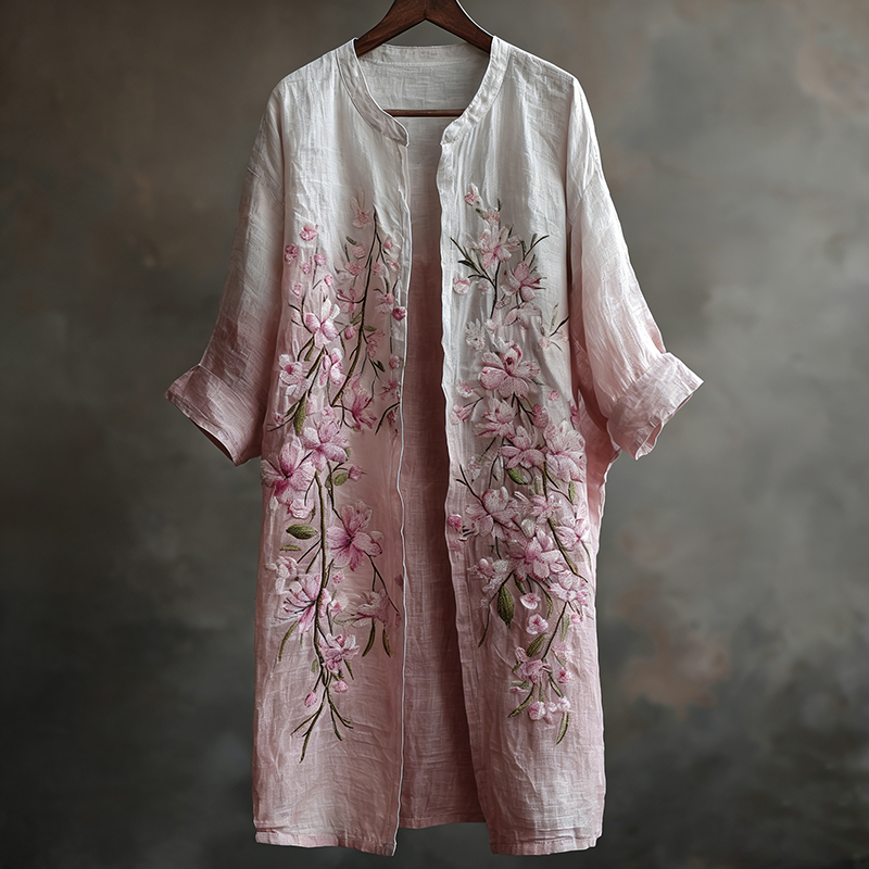 Japanese Art Sakura Ombre Print Lightweight Flowing Linen Kimono elevenforest