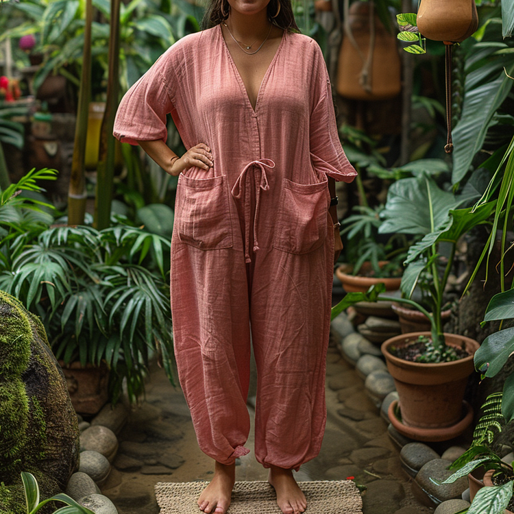 Plus Size Women's Linen Retro Ethnic Style Oversized Comfortable Breathable V-Neck Jumpsuit Holiday Comfortable Casual J