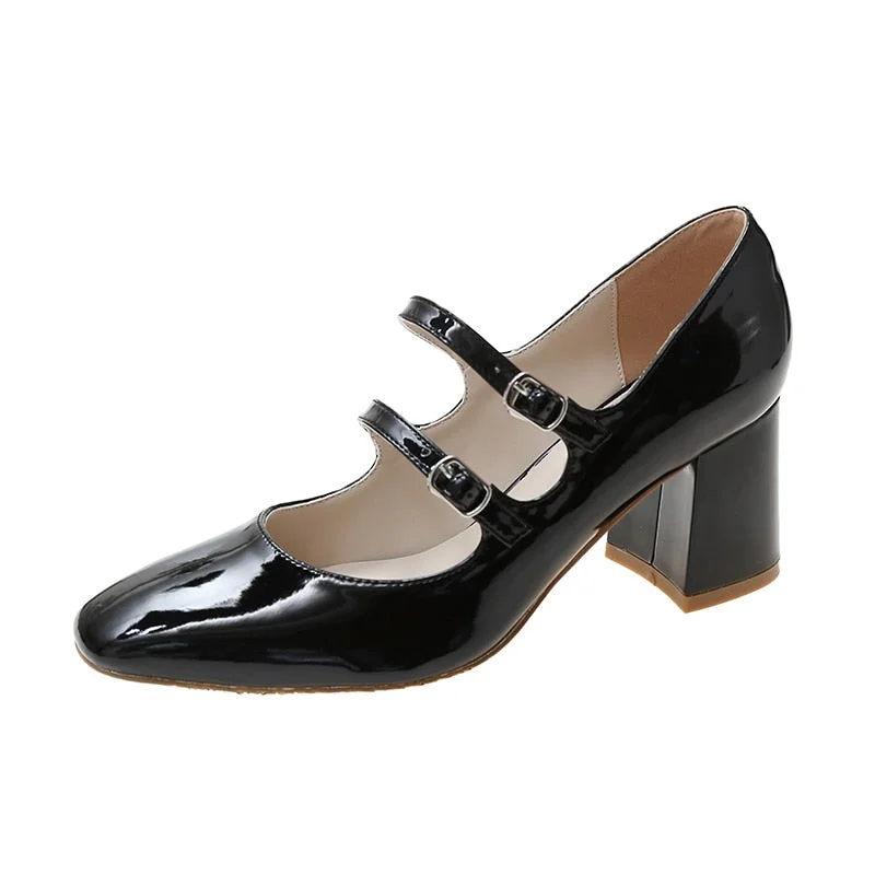 Thick High Heels Mary Jane Shoes For Women Spring 2022 Fashion Double Buckle Strap Pumps Women Black Patent Leather Shoes