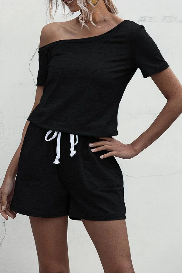 Womens Solid Color Oblique Collar Romper-Allyzone-Allyzone