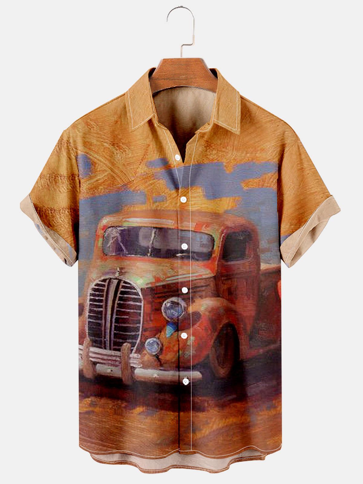 Retro Car Summer New Old Shirt Oil Painting Fashion Casual Daily Wear Men's Shirt PLUSCLOTHESMAN