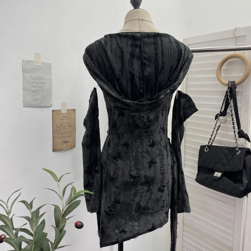 Nigikala Nigikala Shooting Wasteland Wind Makes Old Hole-Breaking Fabric Collared Hooded And Hip Dress With Cuff Cover Dress 9263