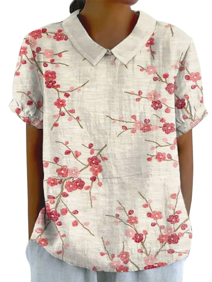 Summer New Shirt Women's Short-sleeved Creative Retro Flowers Cute Wind Short-sleeved Shirt Collar T-shirt