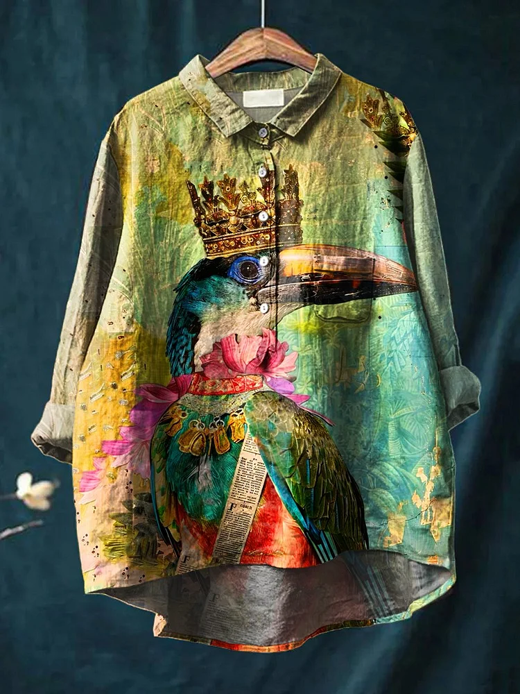 Women's Retro Crow  Art Print Casual Cotton And Linen Shirt