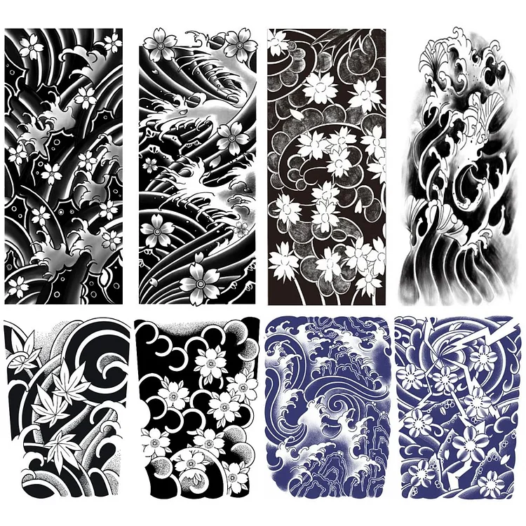 8 Sheets Japanese Style Wave Sakura Full Arm & Half Arm Semi-Permanent Tattoo Combo