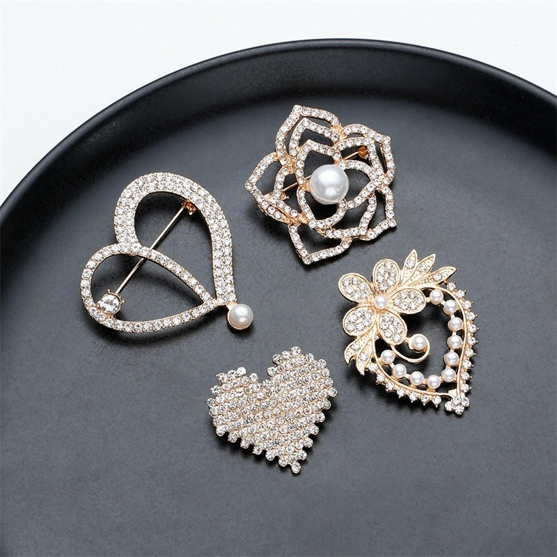 Elegant Sweet Shiny Heart Shape Flower Alloy Inlay Rhinestones Pearl Women’s Brooches