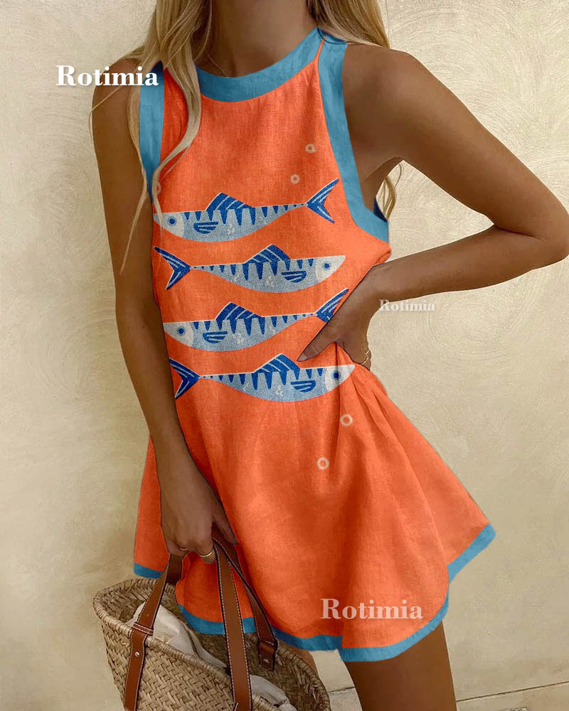 Four Fishes Casual Print Sleeveless Dress