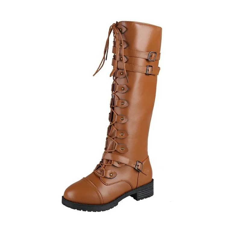 Sexy Lace Up Knee High Boots Women Fashion Boots Flats Shoes Woman Square Heel Rubber Flock Boots Botas Winter Buckle Size 43