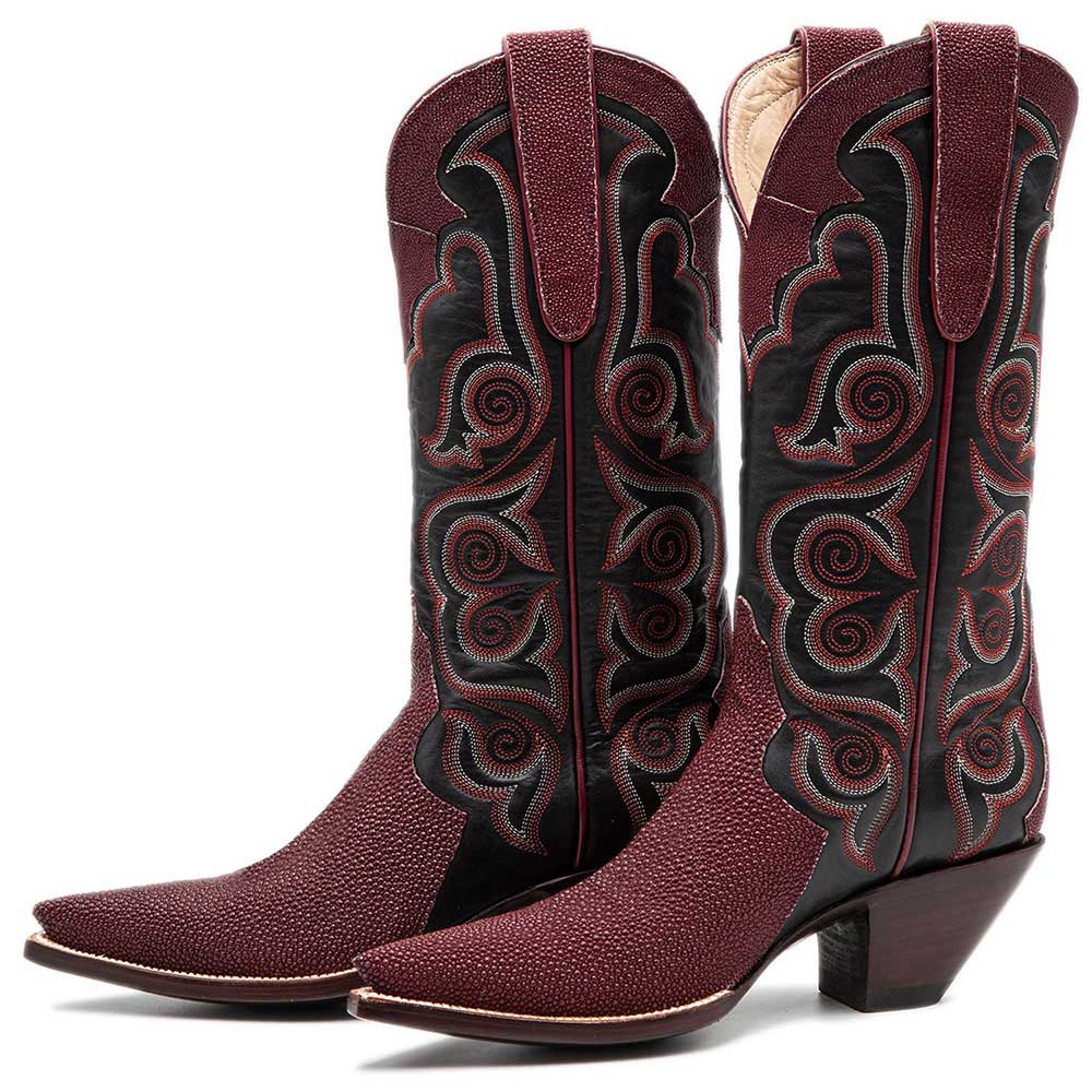 Maroon & Black Grainy Stitching Pointed Toe Knee-High Cowgirl Boots Nicepairs