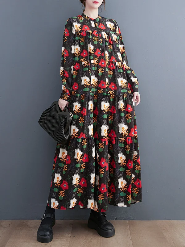 A-Line Long Sleeves Buttoned Flower Print Split-Joint Round-Neck Midi Dresses