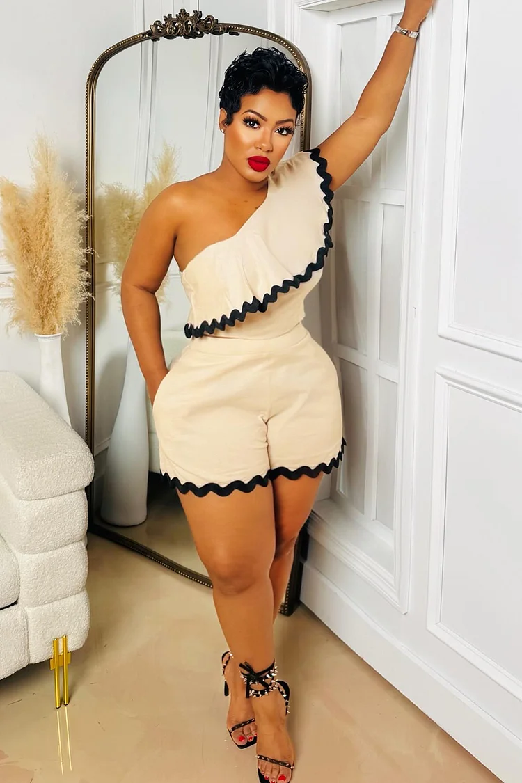 Ric Rac Trimming Bandeau One Shoulder Top Shorts 2pcs Set-Beige [Pre Order]