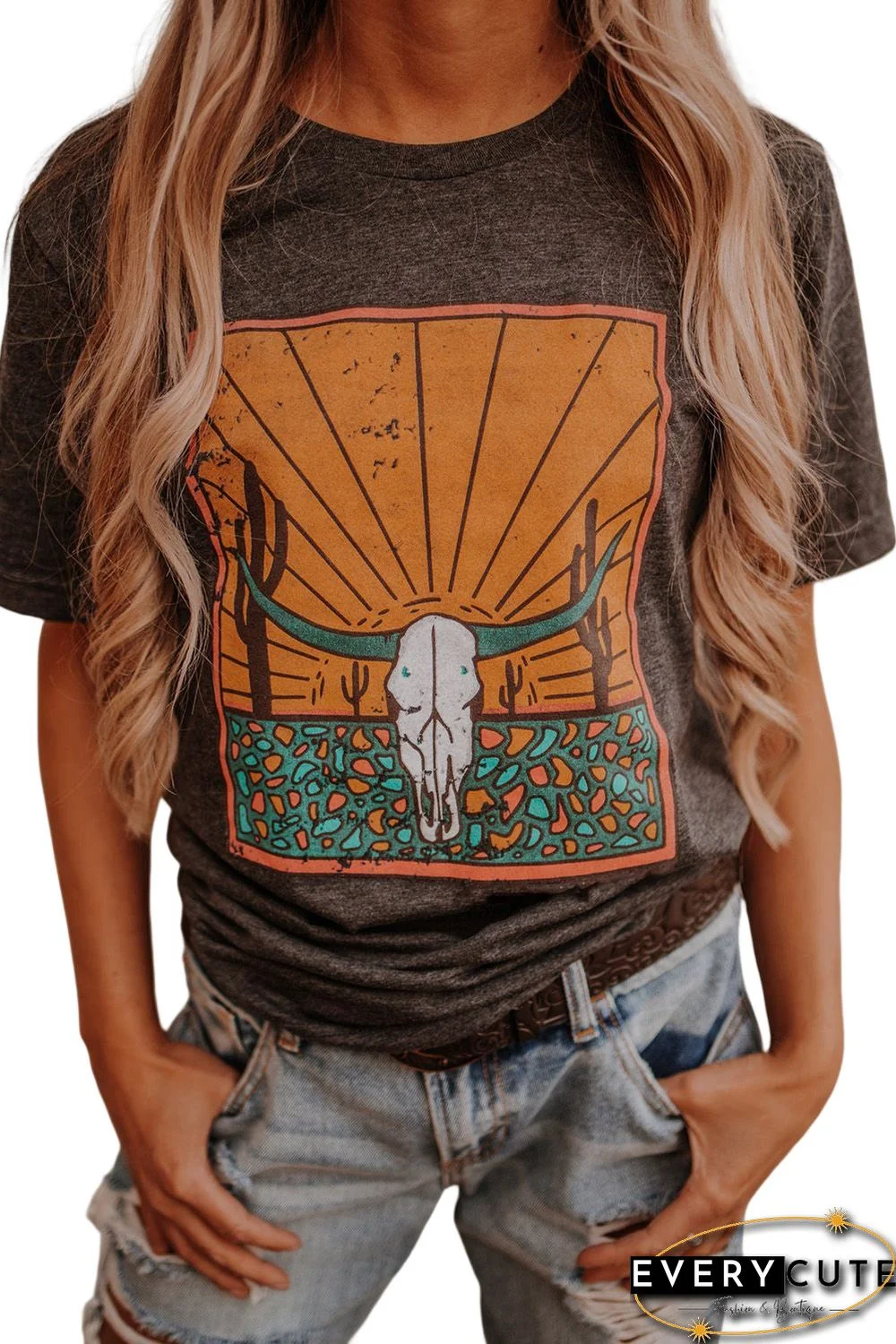 Gray Western Steer Skull Graphic Print Crew Neck T Shirt