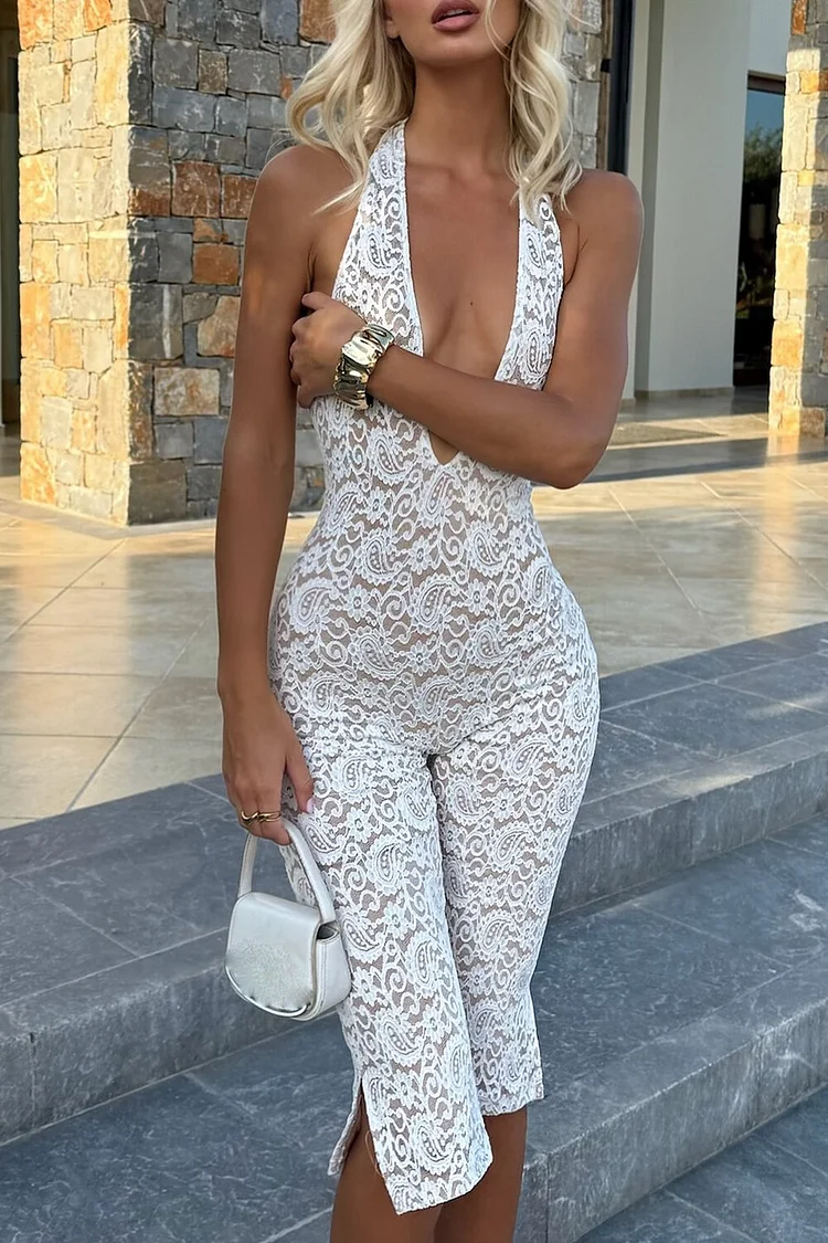 Deep V Neck Halter Paisley Pattern Lace Slit Capri Jumpsuit-White [Pre Order]