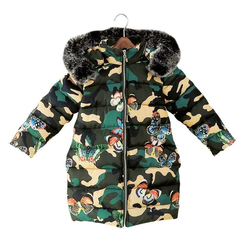 Girls' cotton jacket 3-11 years old children's down cotton jackets Printed cartoon butterfly camouflage girls winter jackets