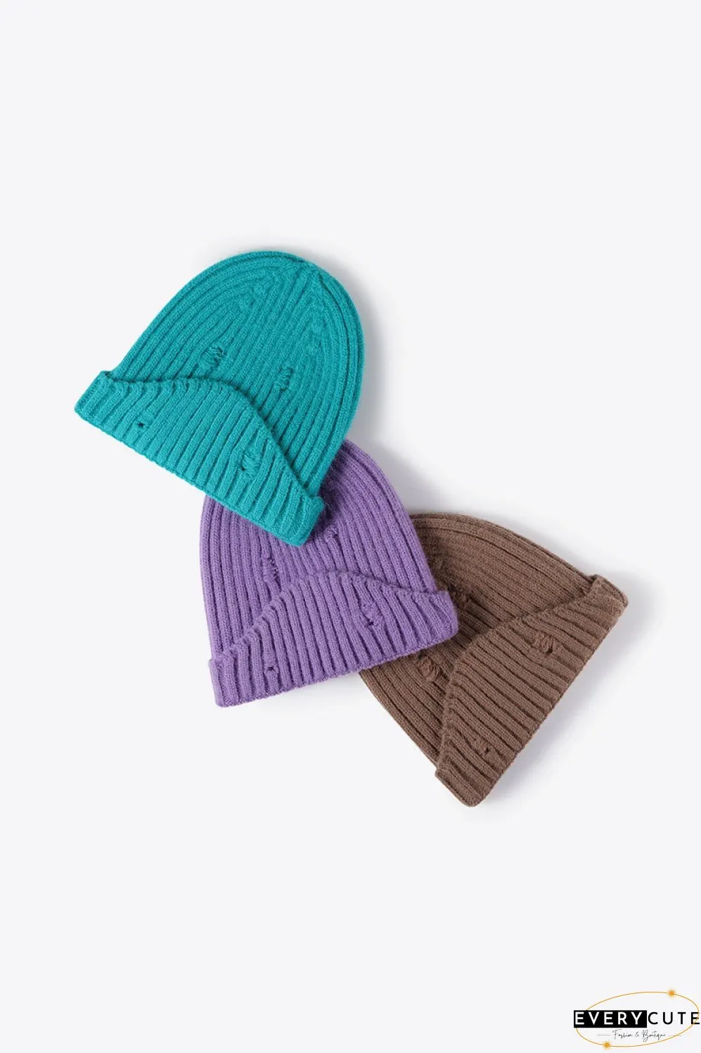 Distressed Rib-Knit Beanie