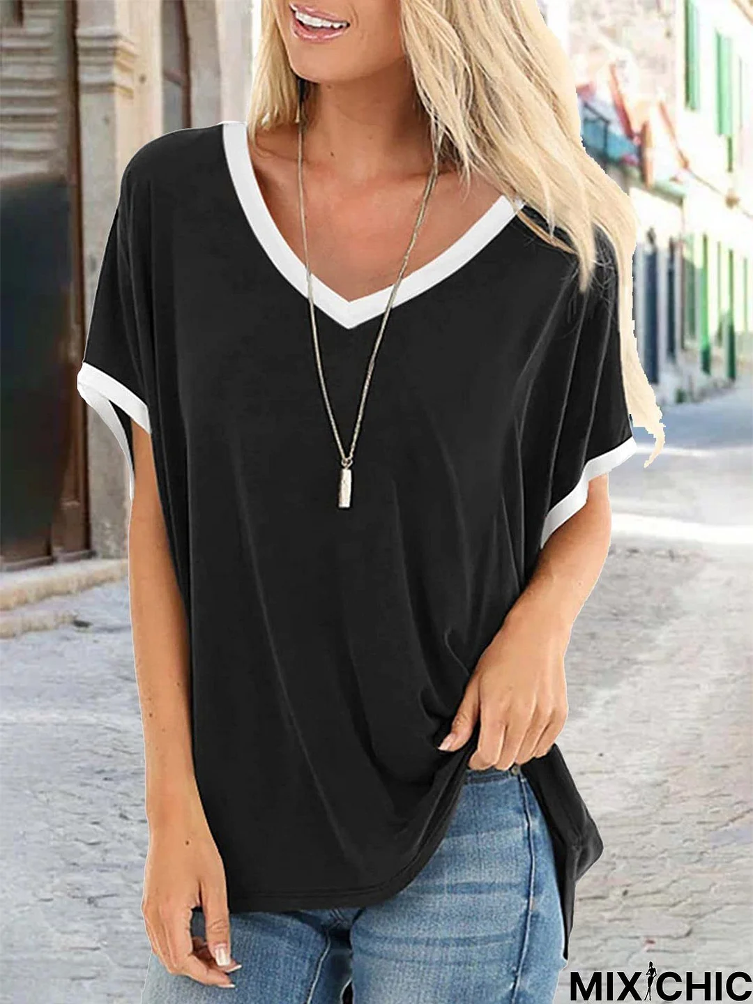 Color-Block Short Sleeve Shift V Neck T-shirt