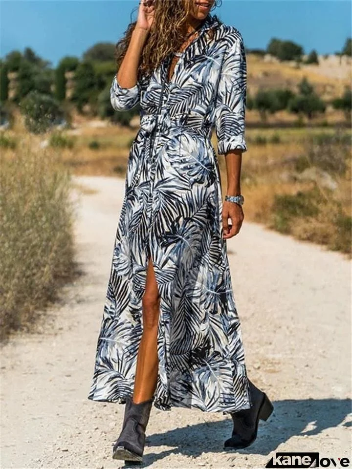 Stylish Chiffon Leaf Printed Button Up Long Sleeve Maxi Shirt Dress