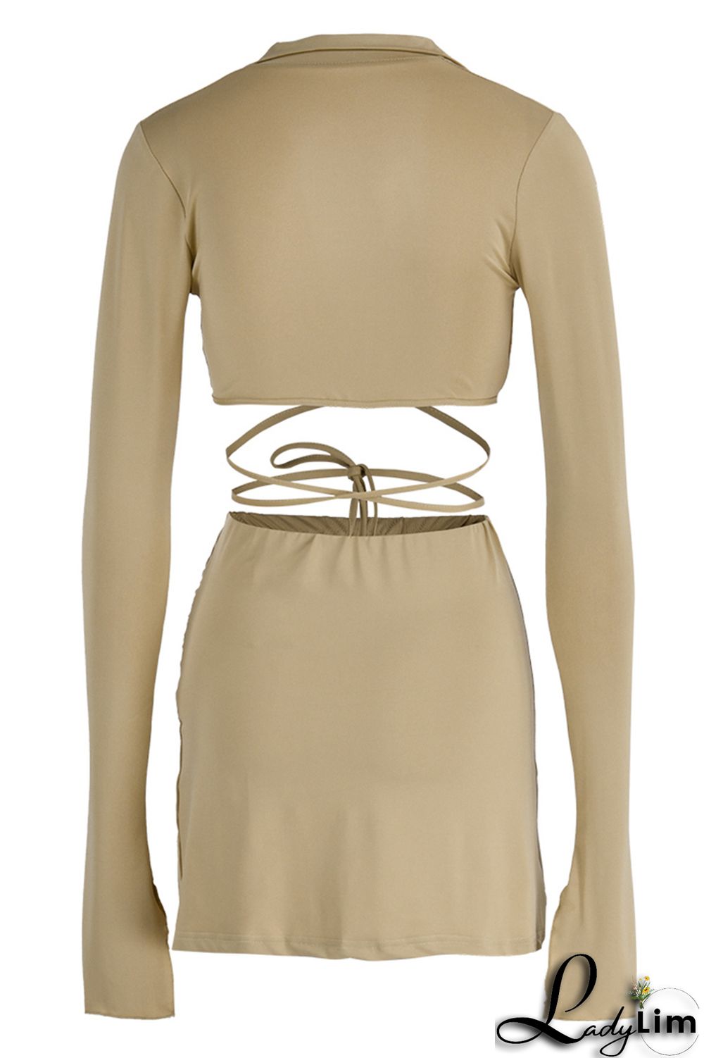 Yellow Fashion Sexy Solid Bandage Slit V Neck Long Sleeve Two Pieces