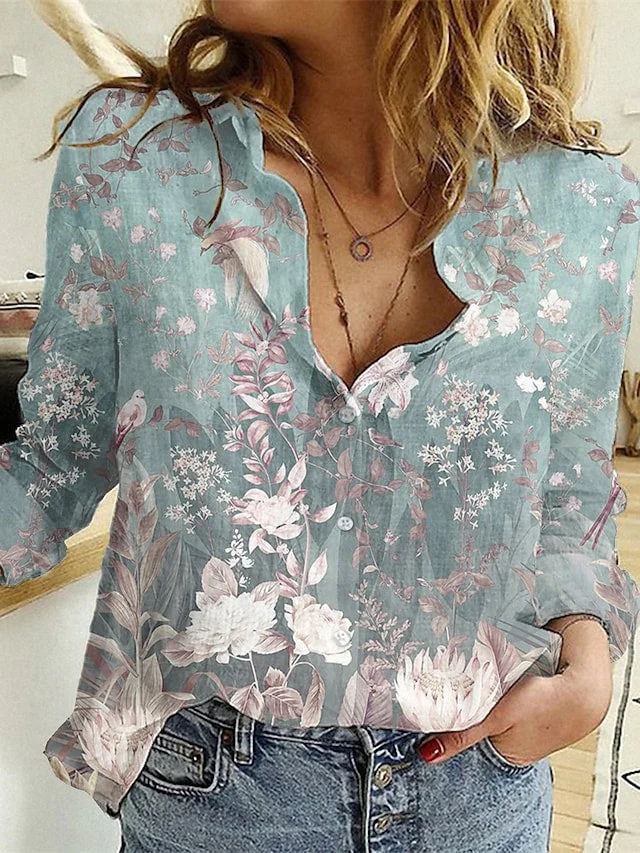 Women's Floral Blouse Shirt Collar Button Long Sleeve Basic Tops