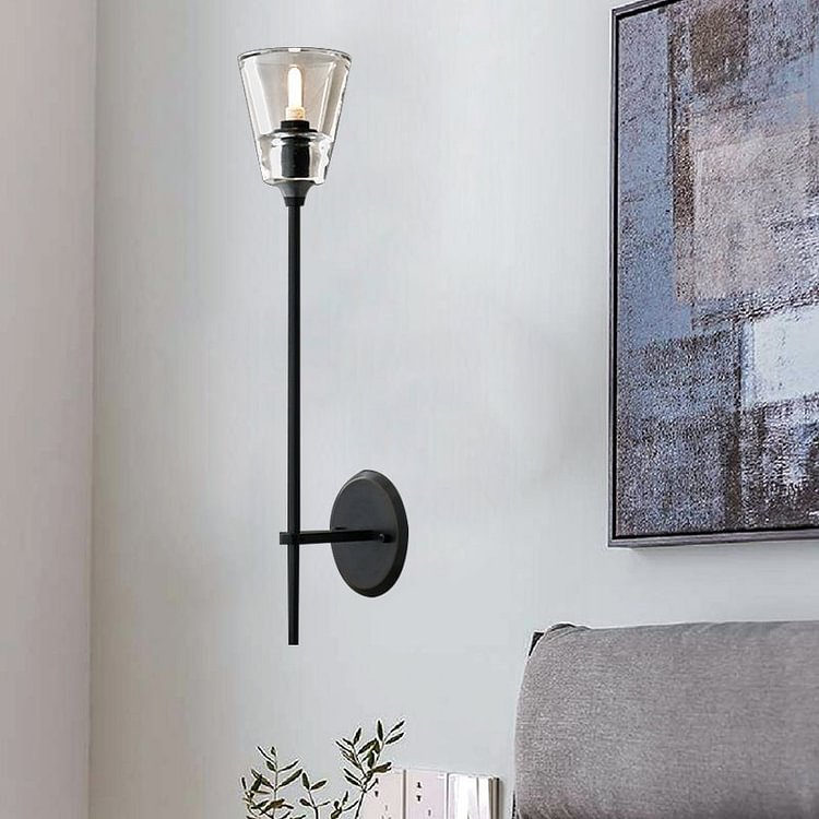 Black/Brass Finish Pencil Arm Wallchiere Vintage Metallic 1/2 Bulbs Wall Lamp with Clear Tapered Glass Shade