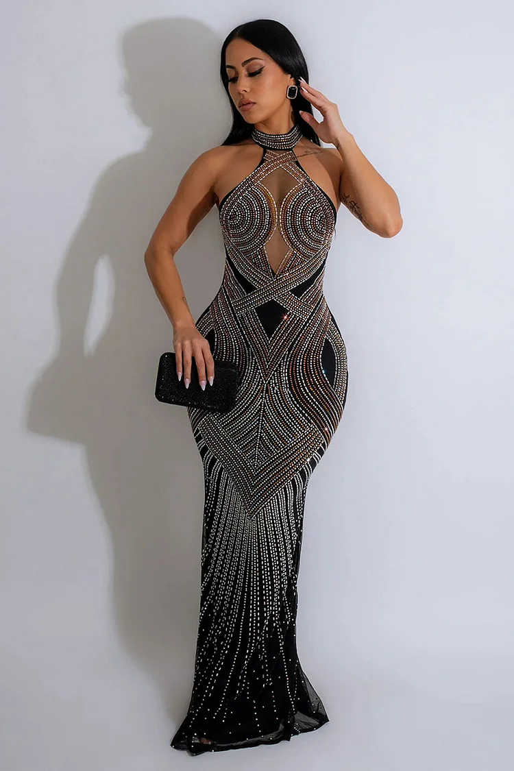 Halter Sleeveless Rhinestone Pattern Bodycon Fishtail Party Maxi Dresses-Black