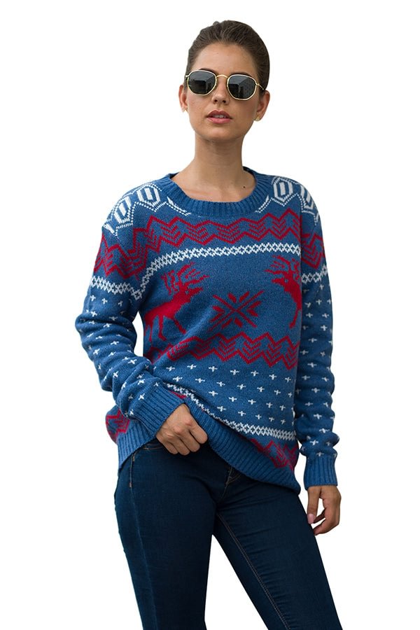 Christmas Reindeer Pullover Sweater Crew Neck Blue-elleschic