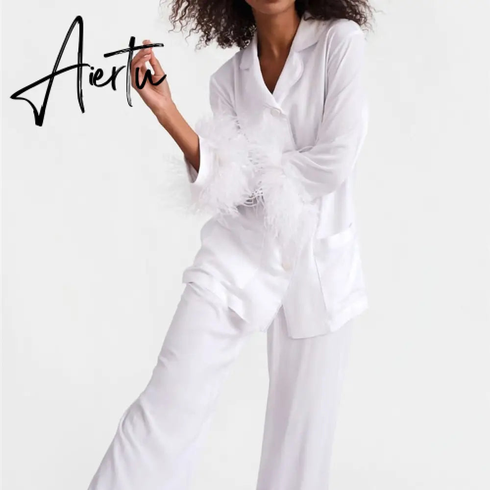 Sleepwear for Women New Cute Silk Cotton Light Luxury Ostrich Wool Pajamas Two-Piece Set Solid Color Home Suit Aiertu