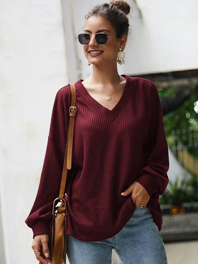 Solid Shift Balloon Sleeve Casual Sweater
