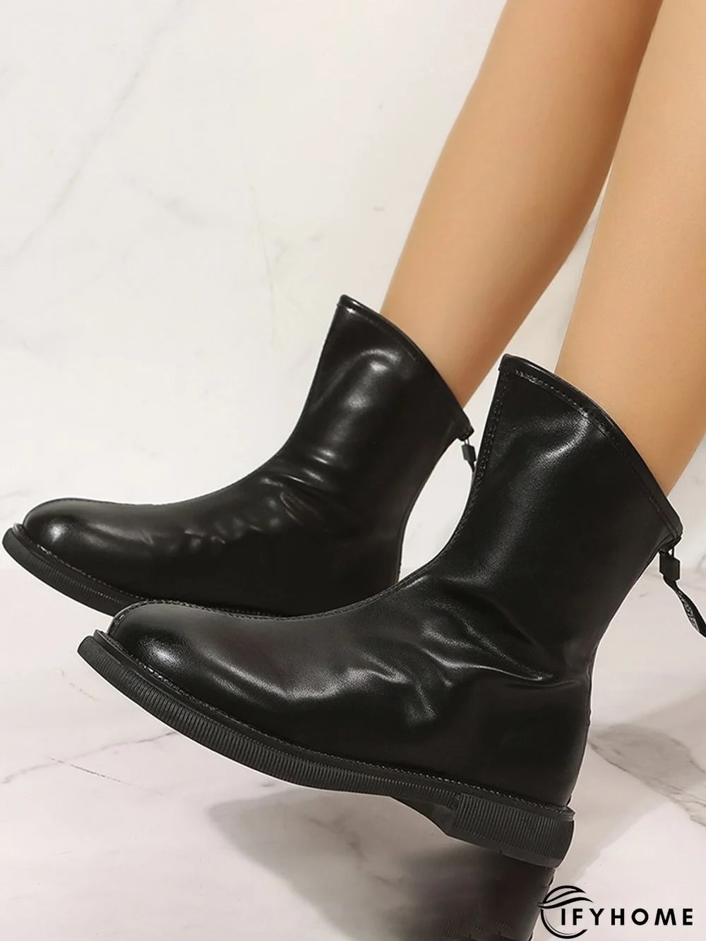 Antique Polished Short Back Zip Block Heel Boots | IFYHOME