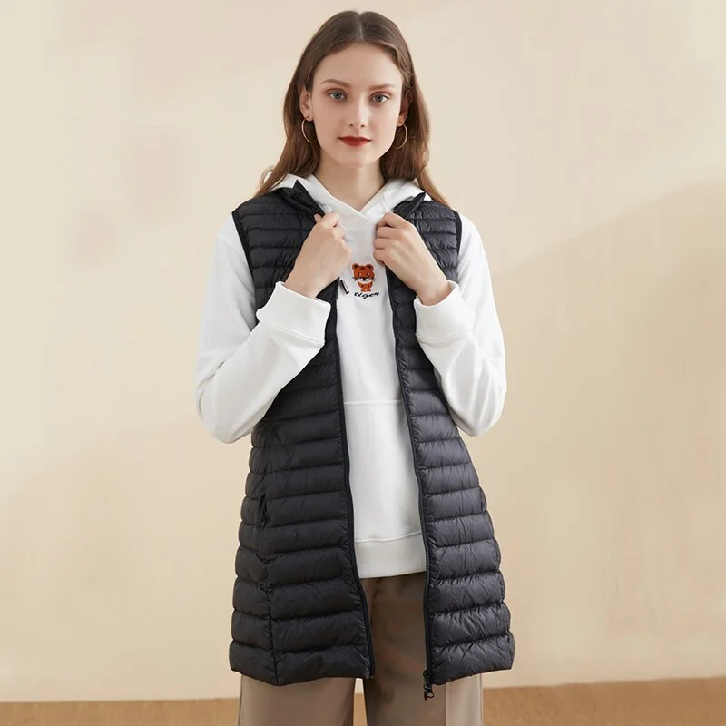 FTLZZ New Winter Women Ultra Light White Duck Down Jacket Zipper Medium Long Vest Stand Collar Outerwear 4XL Plus Size Down Coat