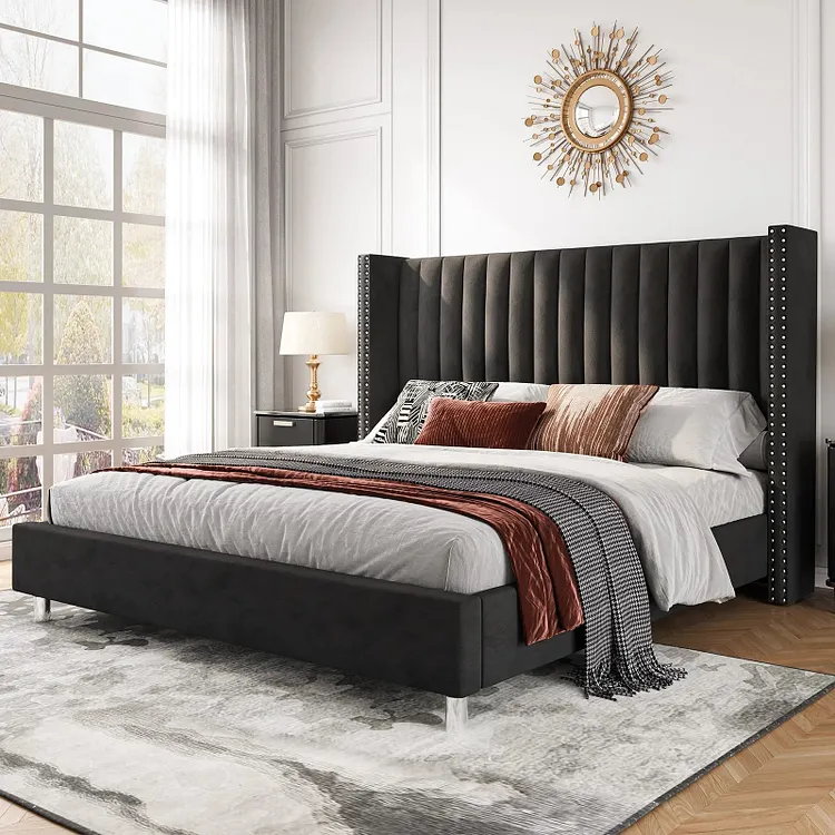 PaPaJet King Bed Frame and Headboard Upholstered Wingback Bed with Vertical Channel Tufted Velvet/No Box Spring Needed/Easy Assembly/Black
