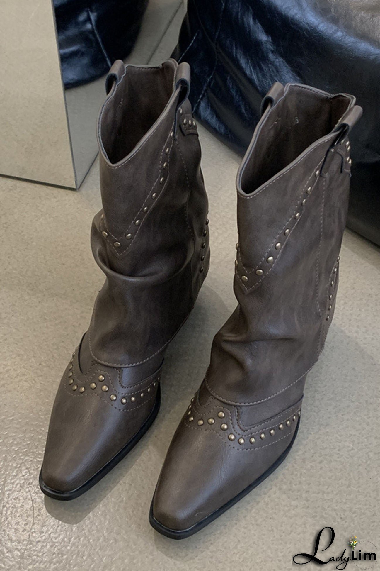 Vintage Pointed Toe Rivet Mid-Calf Boots