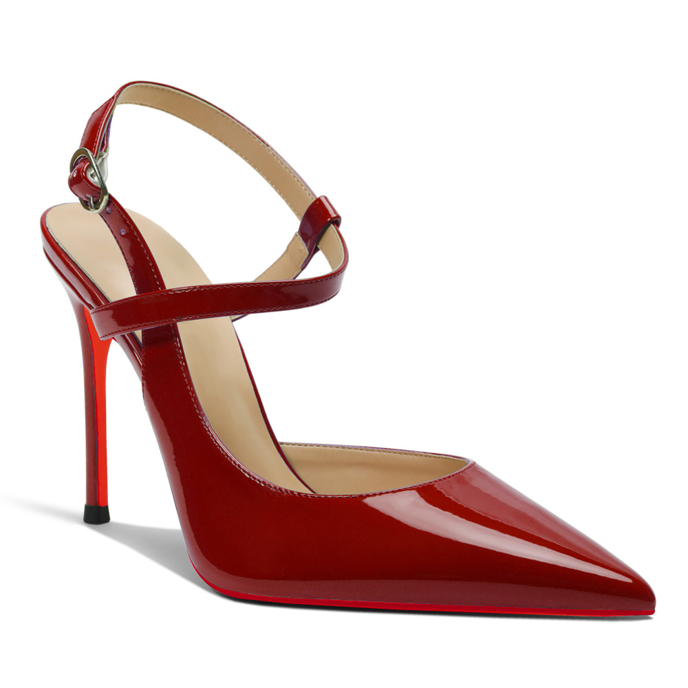 100mm Women Slingback Pumps Ankle Strap Jenlove Stiletto High Heel Close Pointed Toe Dress Red Bottoms Patent Shoes-MERUMOTE