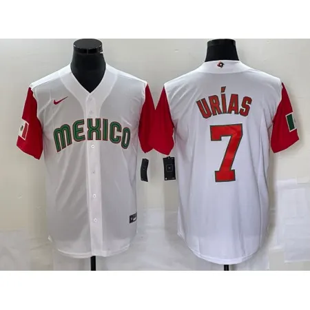 Men's Mexico Baseball #7 Julio Urias 2023 White Red World Baseball With Patch Classic Stitched Jersey V912
