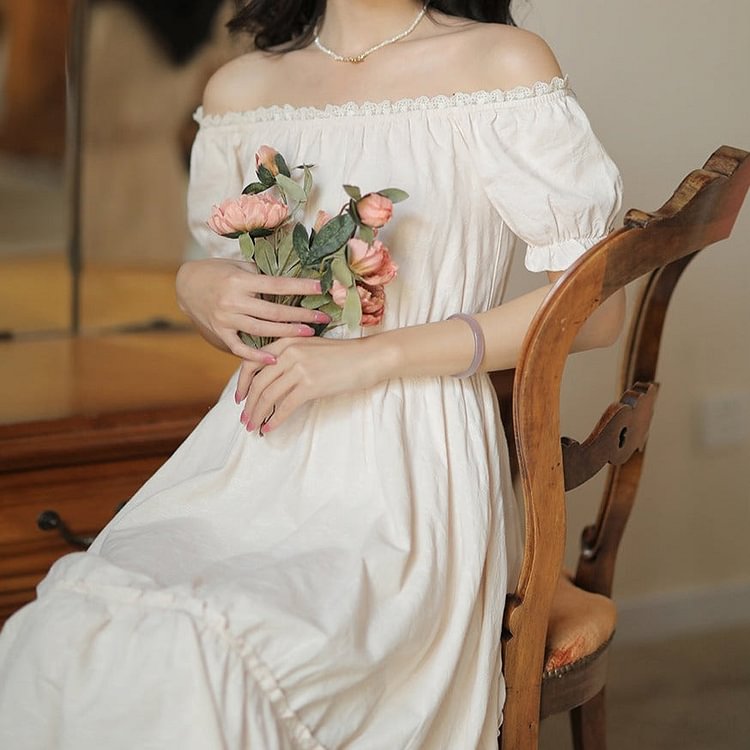Fairy Tales Aesthetic Short Sleeved Off Shoulder Bottoming Dress QueenFunky