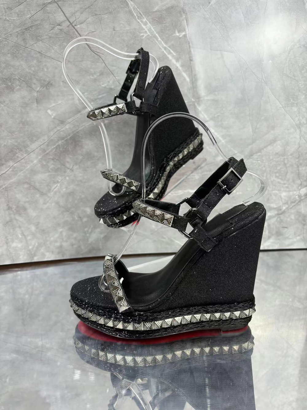 110mm Women's Platform Wedge Pumps Silver Pyramid Spike Red Bottoms Sandals