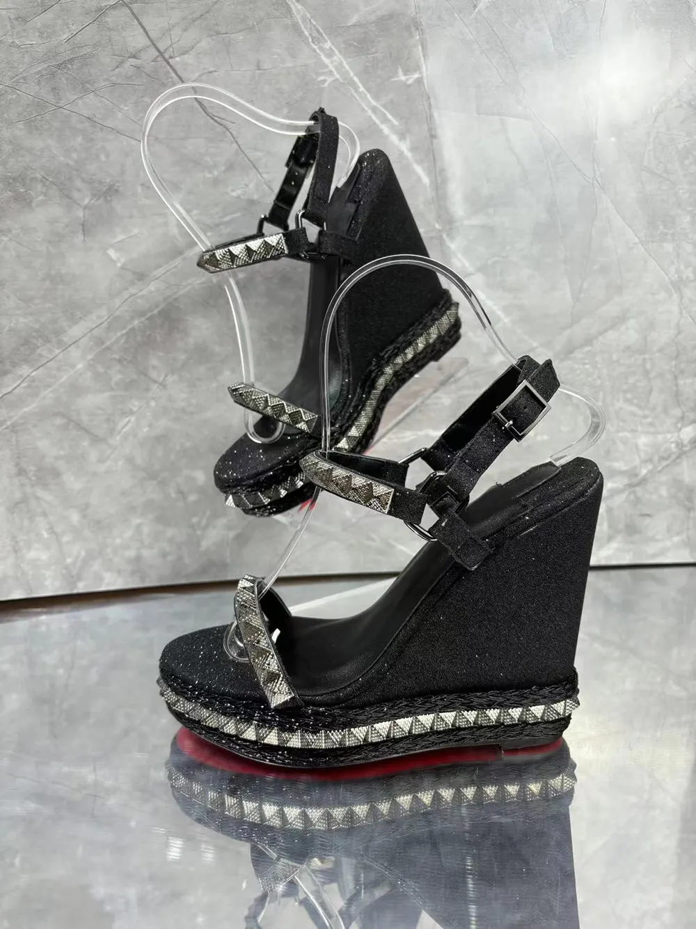 110mm Women's Platform Wedge Pumps Silver Pyramid Spike Red Bottoms Sandals