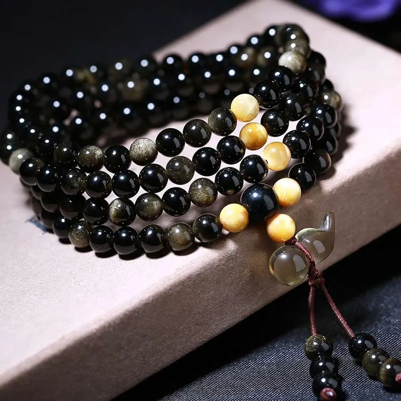Natural Ice Obsidian Tiger Eye Gourd Bracelet Necklace Mala