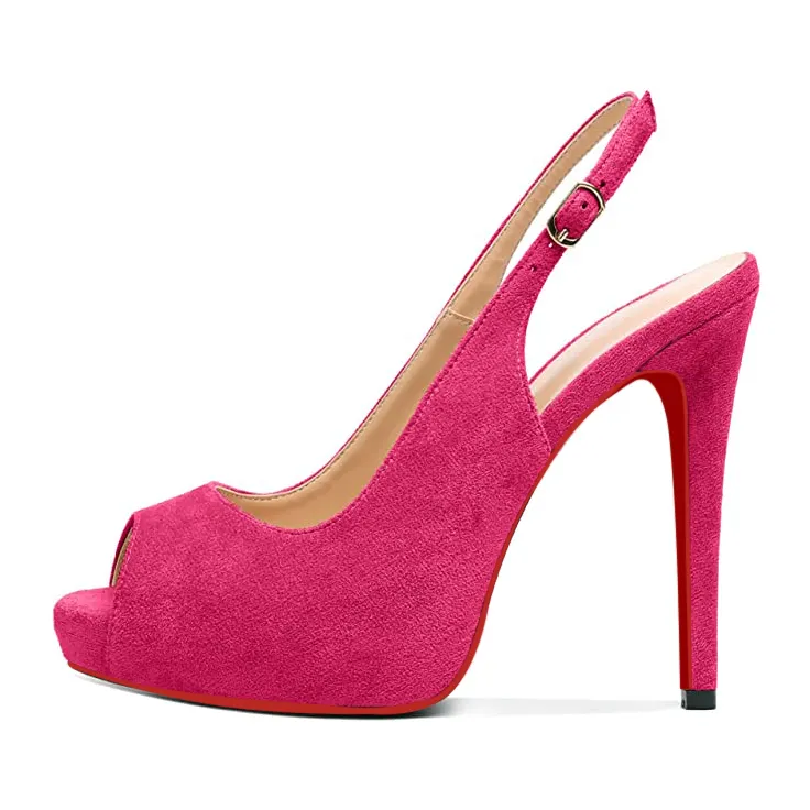 120mm Strap Slingback Sandals Peep Toe Platform Stilettos Red Bottom Suede Heels-vocosishoes